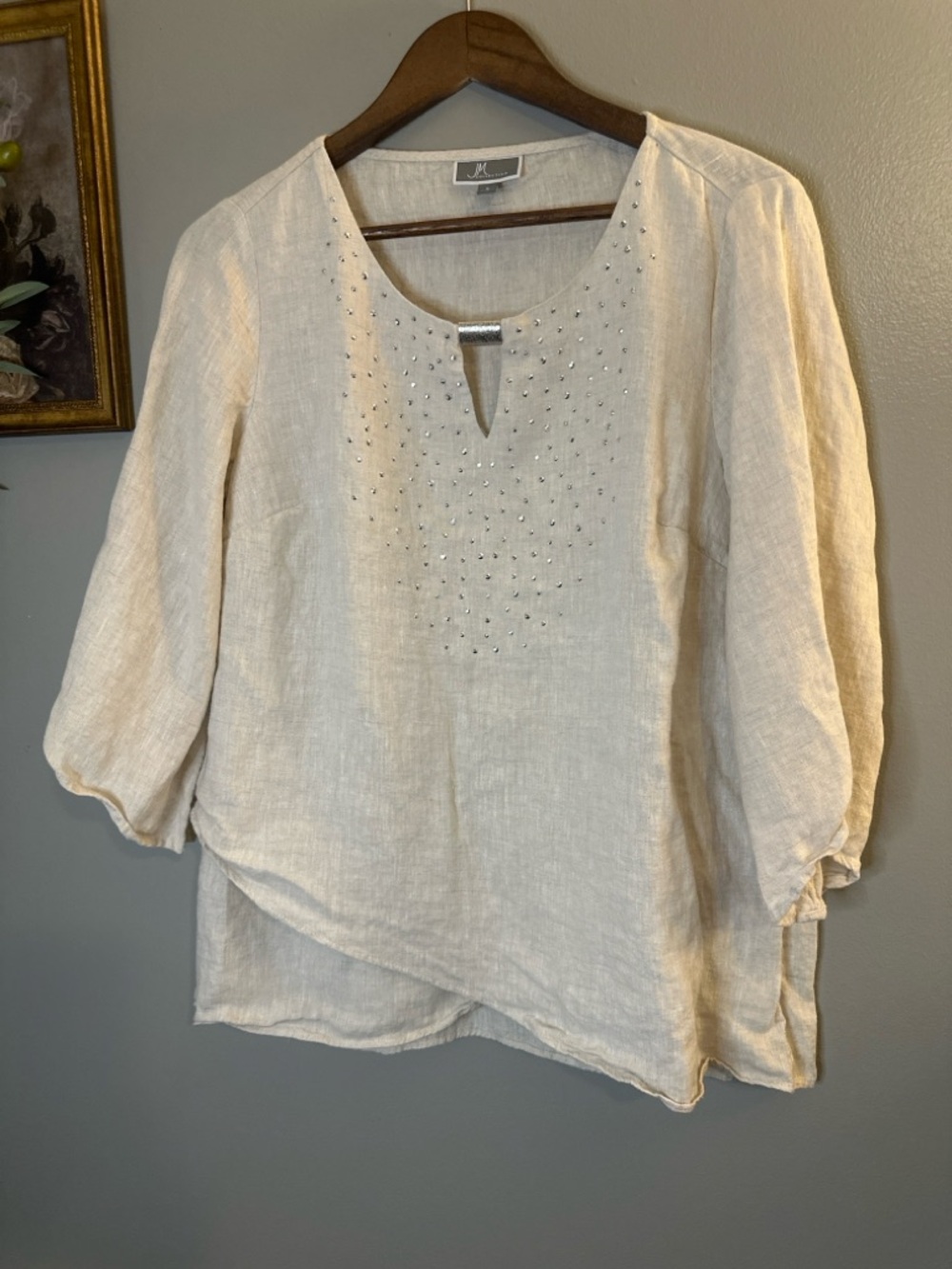 JM Collection 100% Linen Embellished Tunic Blouse Cream Beige Size Small - Picture 4 of 7